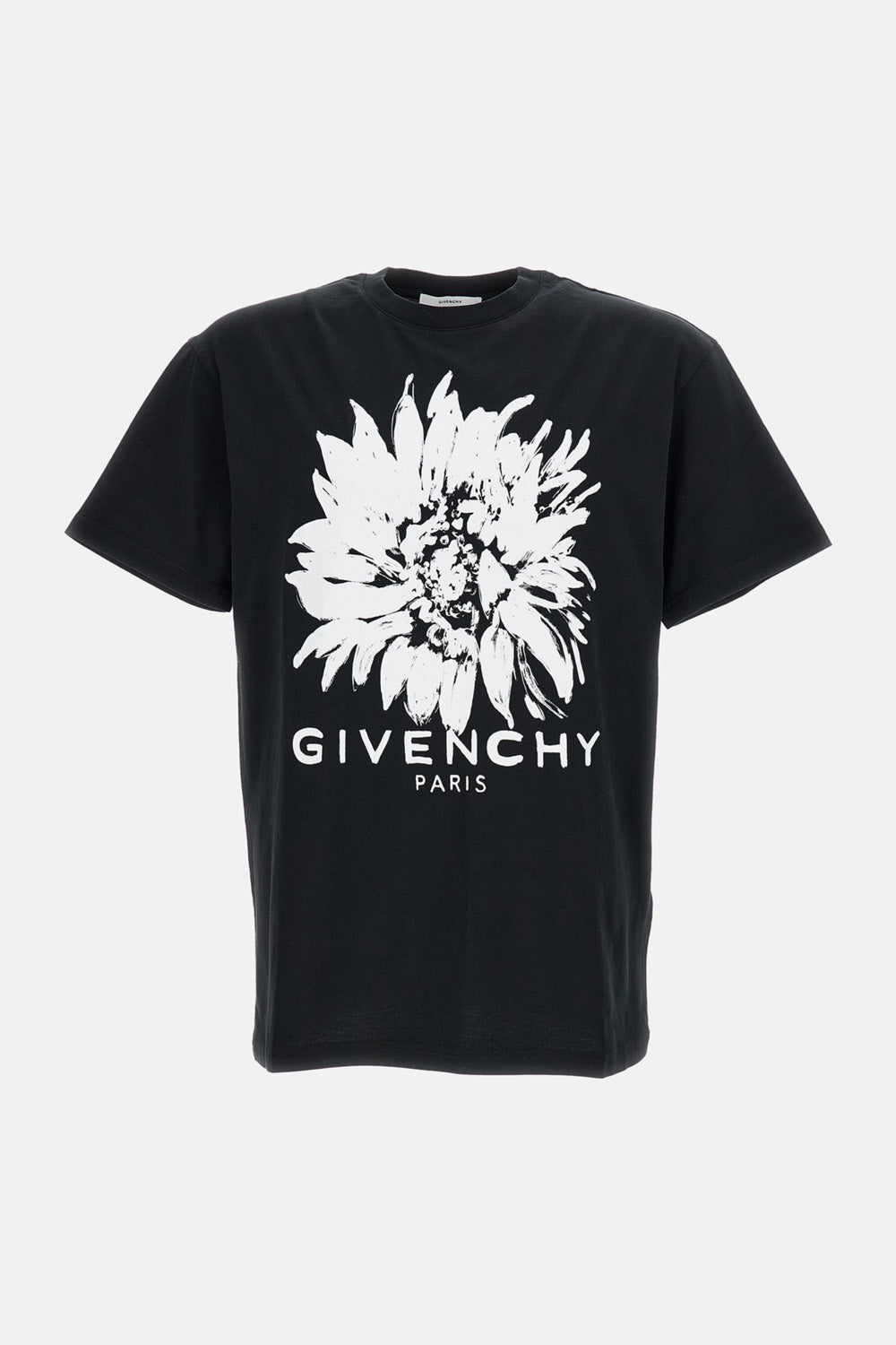 Contrast Floral Print Cotton T-Shirt with Ribbed Collar