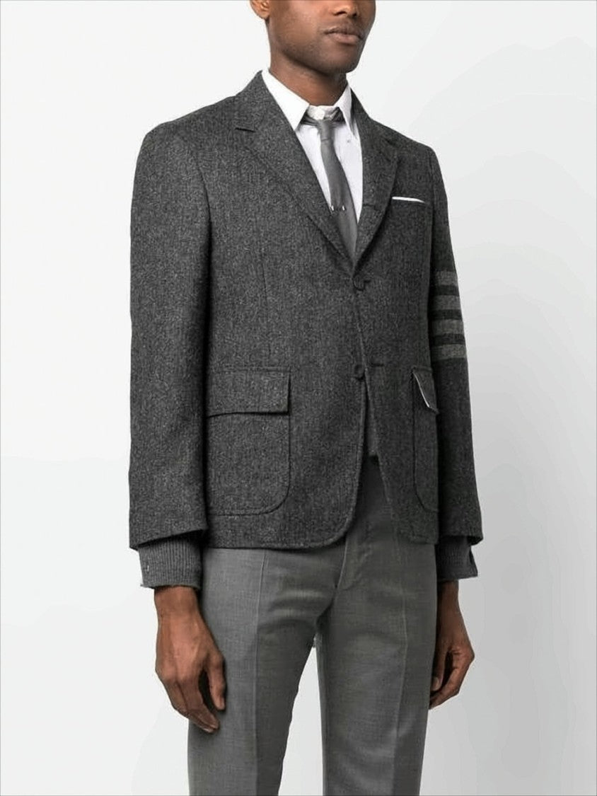 Tailored Grey Suit Jacket with Notch Lapel and Signature Stripes