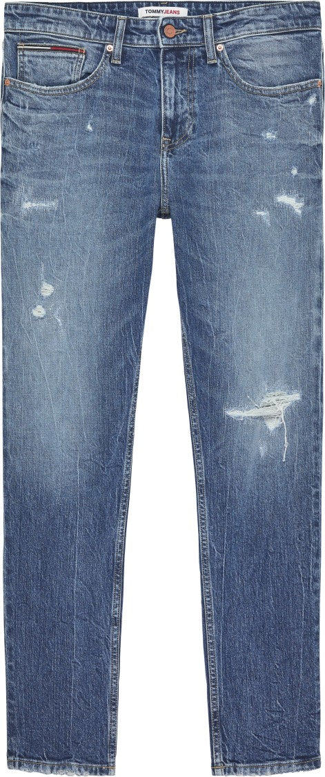 Faded Blue Denim Jeans with Distressed Detailing