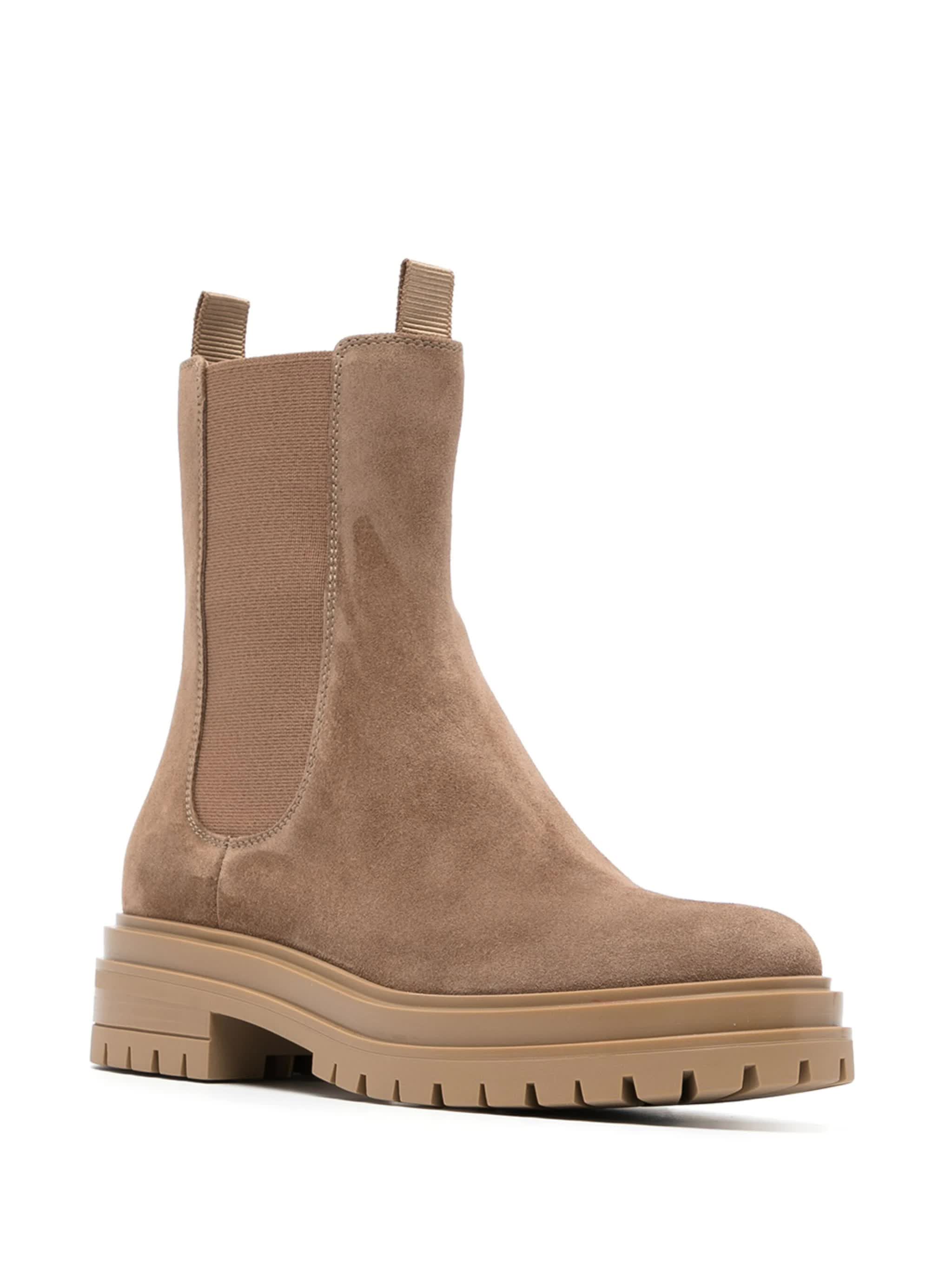 Ankle-High Suede Boots With Elastic Sides And Rugged Sole
