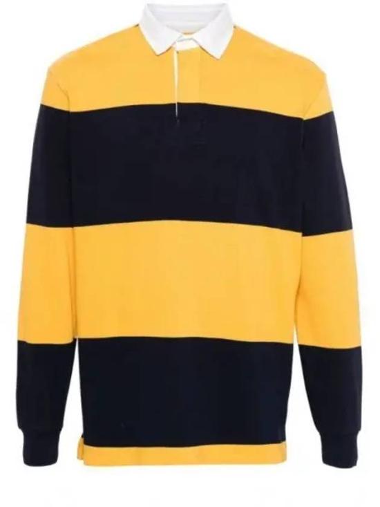 Navy and Yellow Horizontal Striped Polo Shirt with Ribbed Cuffs