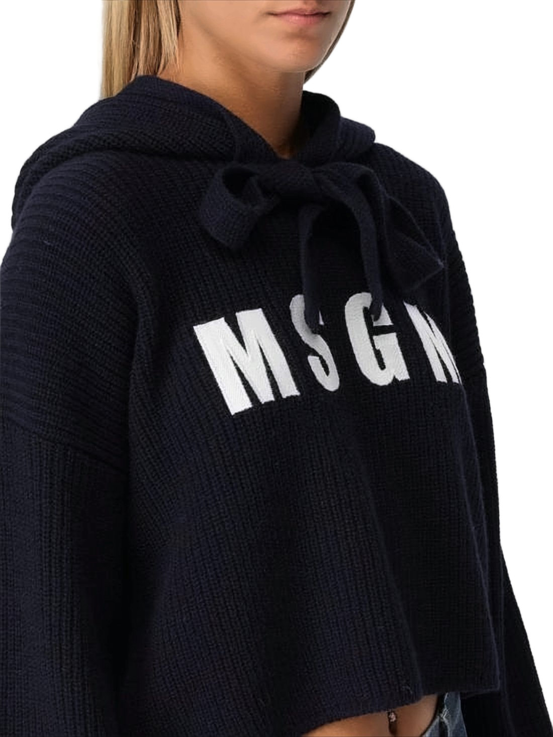Cropped Knit Hoodie with Ribbed Texture
