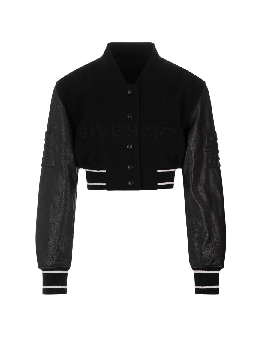 Cropped Wool and Leather Jacket with Sporty Design