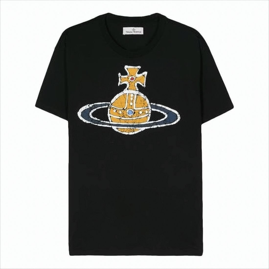 Short-Sleeved Graphic T-Shirt with Crown and Planet Motif