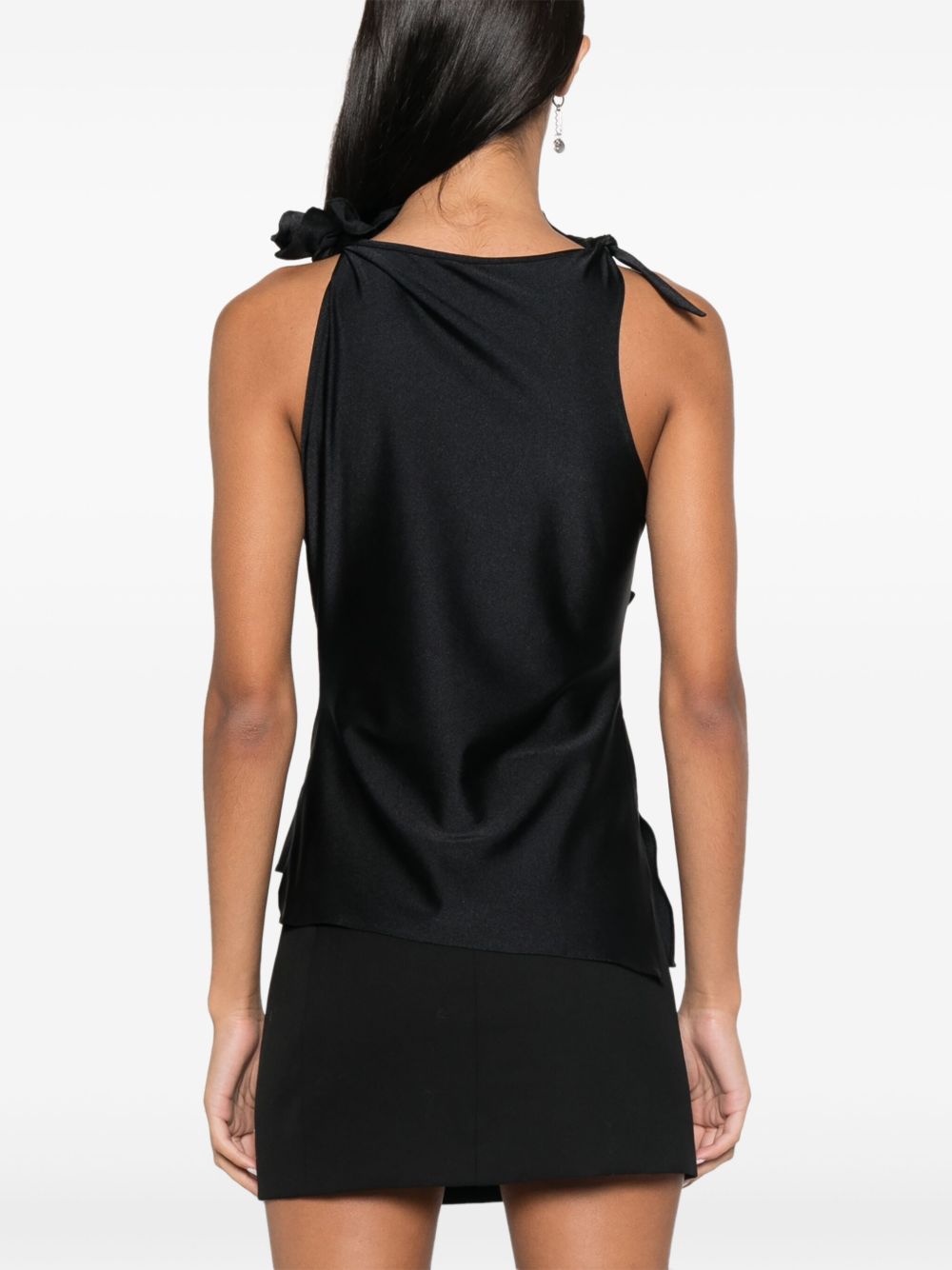 Sleeveless Black Satin Top With Floral Appliqué