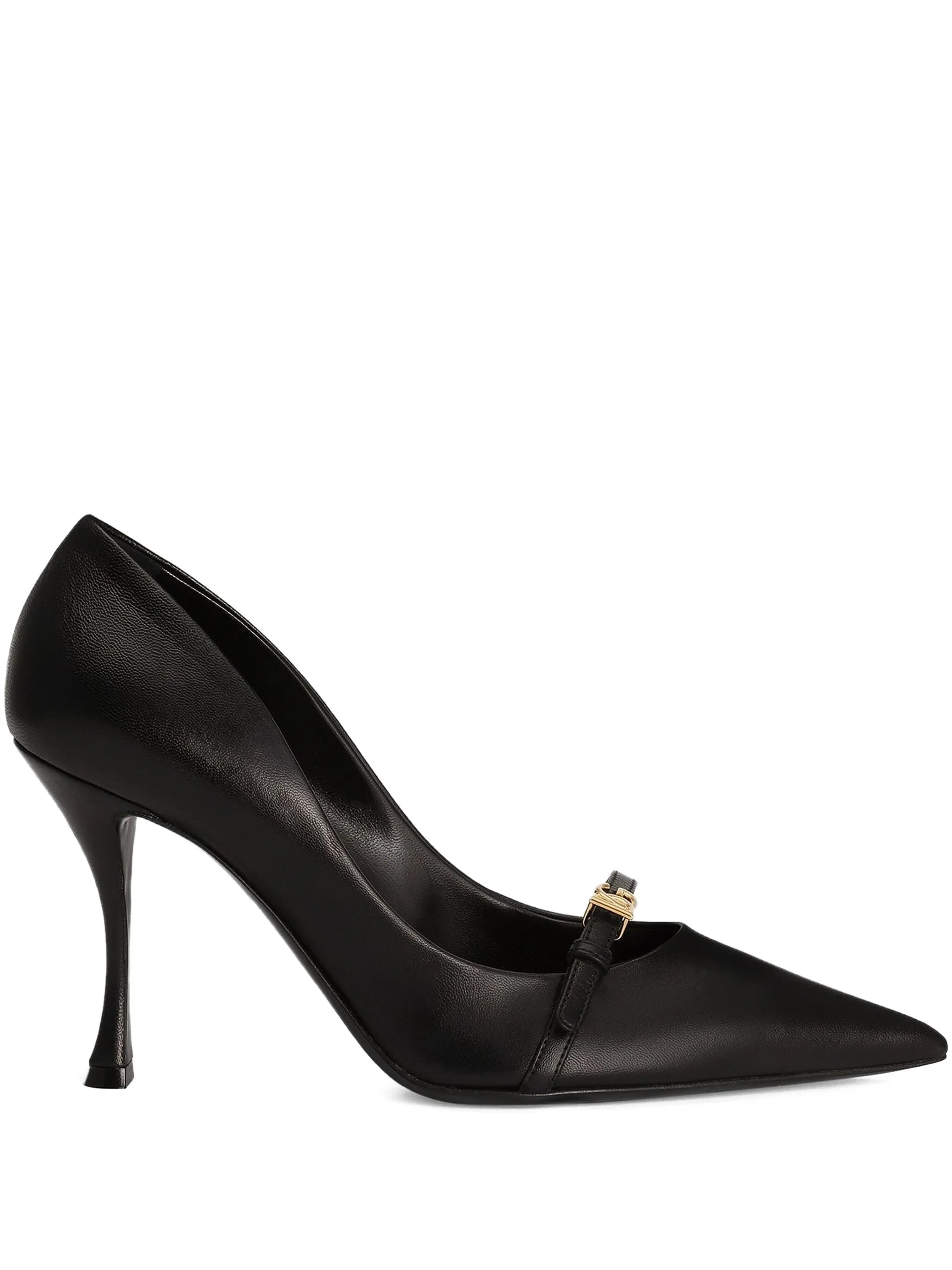 Pointed-Toe Black Leather Metallic Logo Pumps