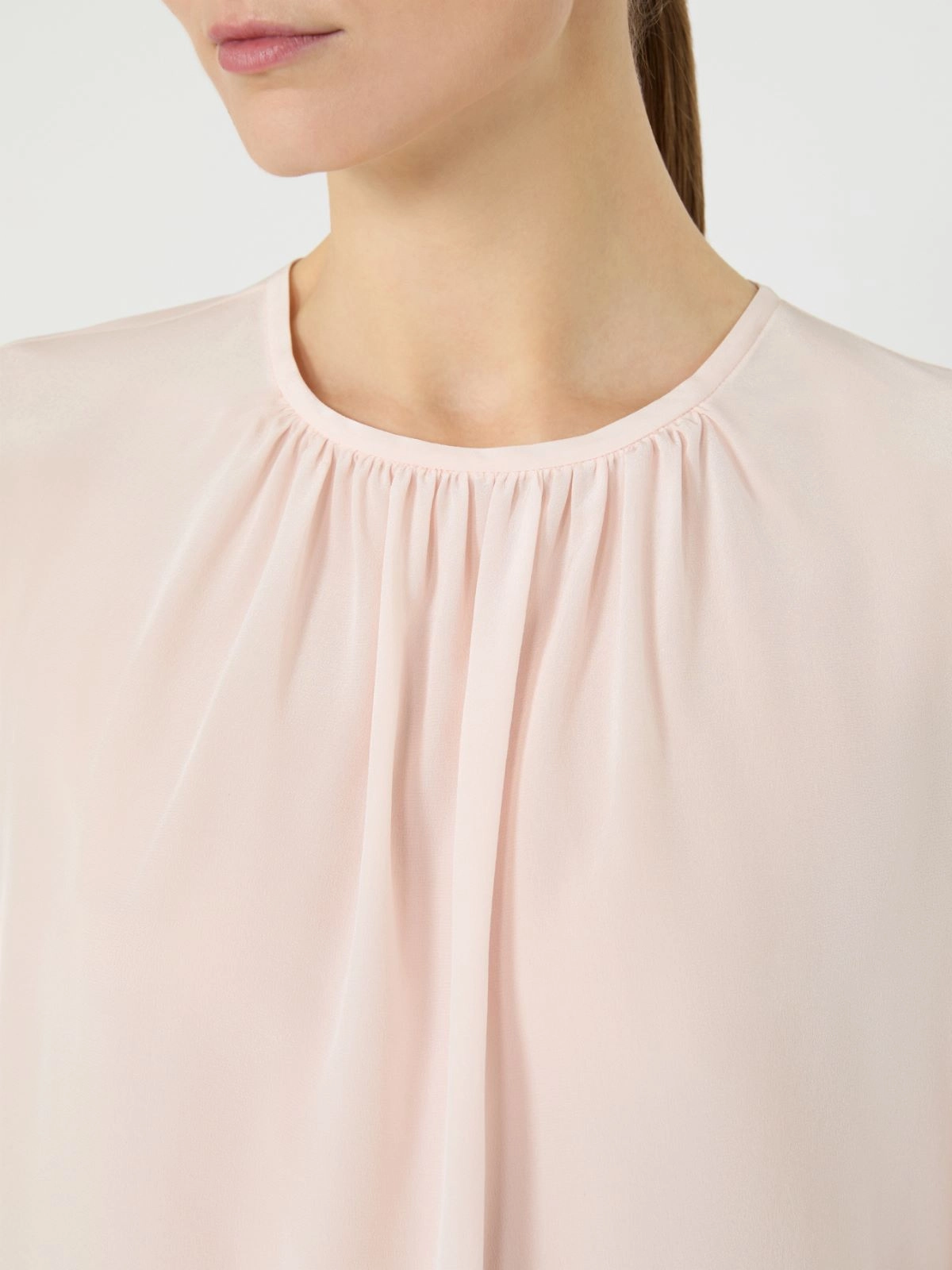 Blush-Tone Blouse with Gathered Neckline and Puff Sleeves