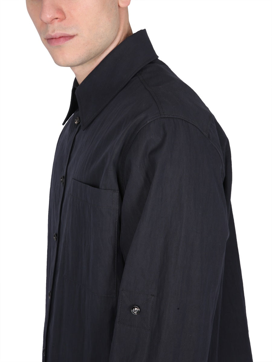 Pointed Collar Cotton Twill Shirt with Button Closure