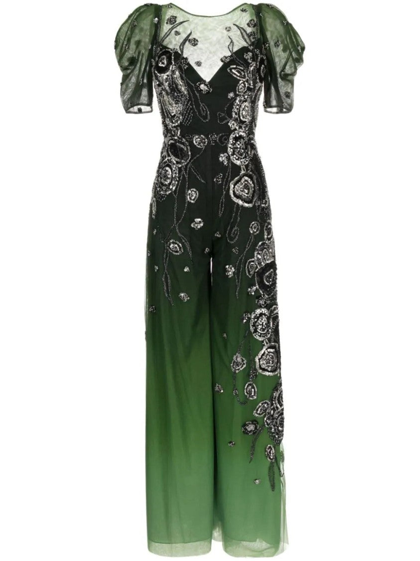Gradient Printed Tulle Jumpsuit With Beading
