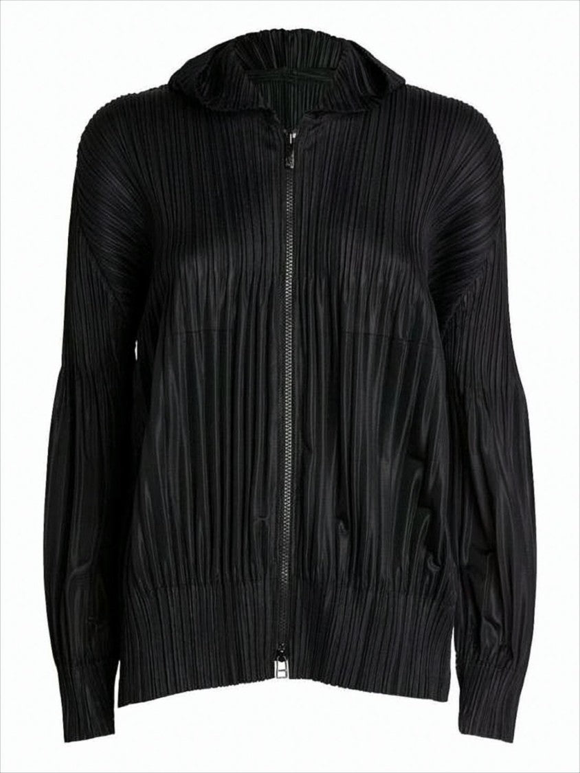 Pleated Texture Black Hooded Zip-Up Top