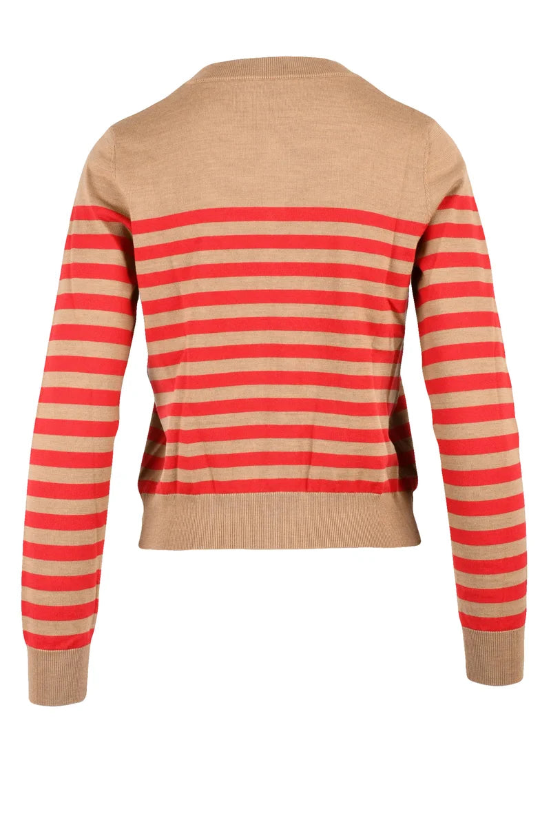 Short Crew Neck Cardigan - Beige/Red