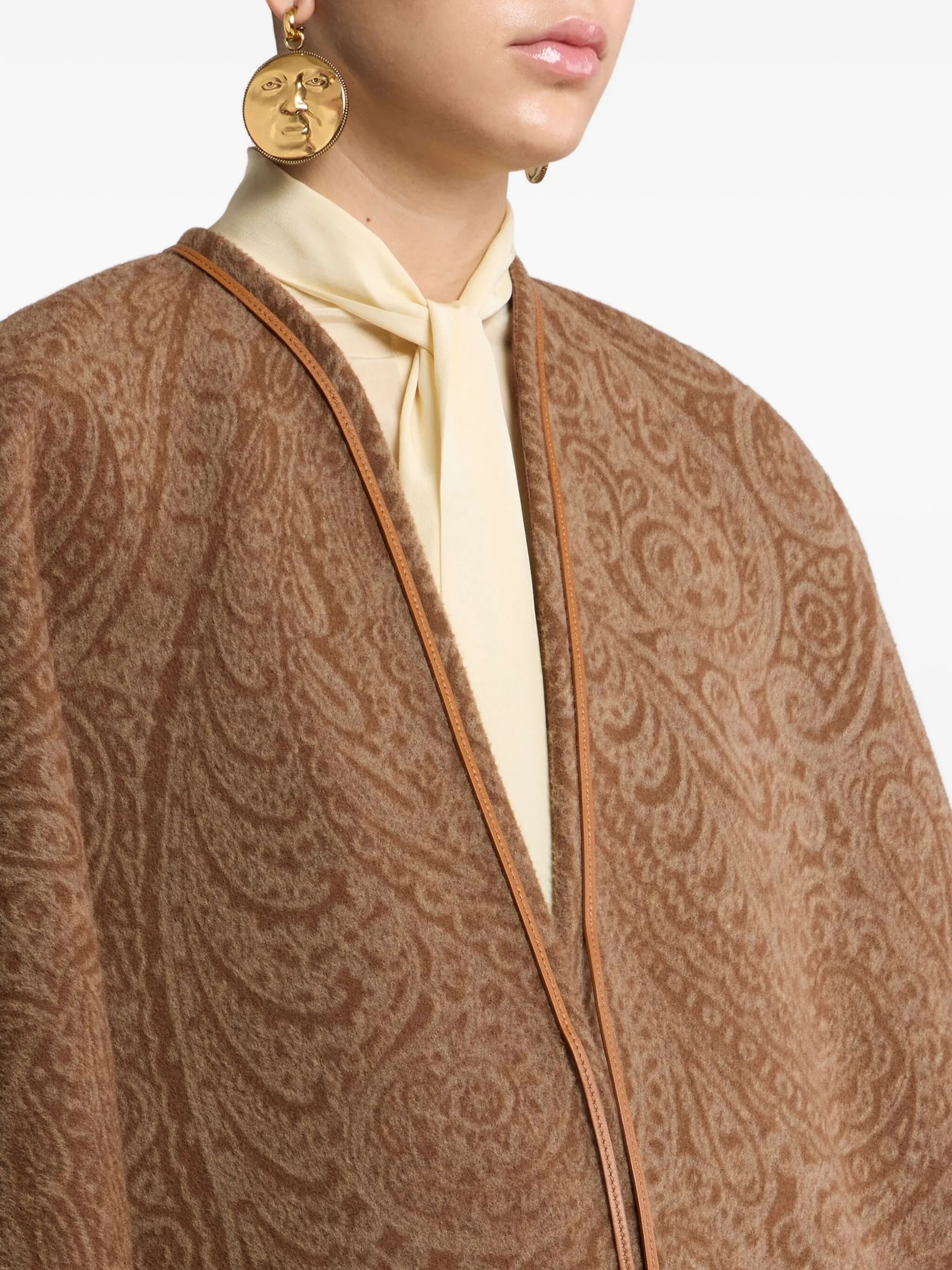 Brown Paisley Pattern Cape with Leather Trim