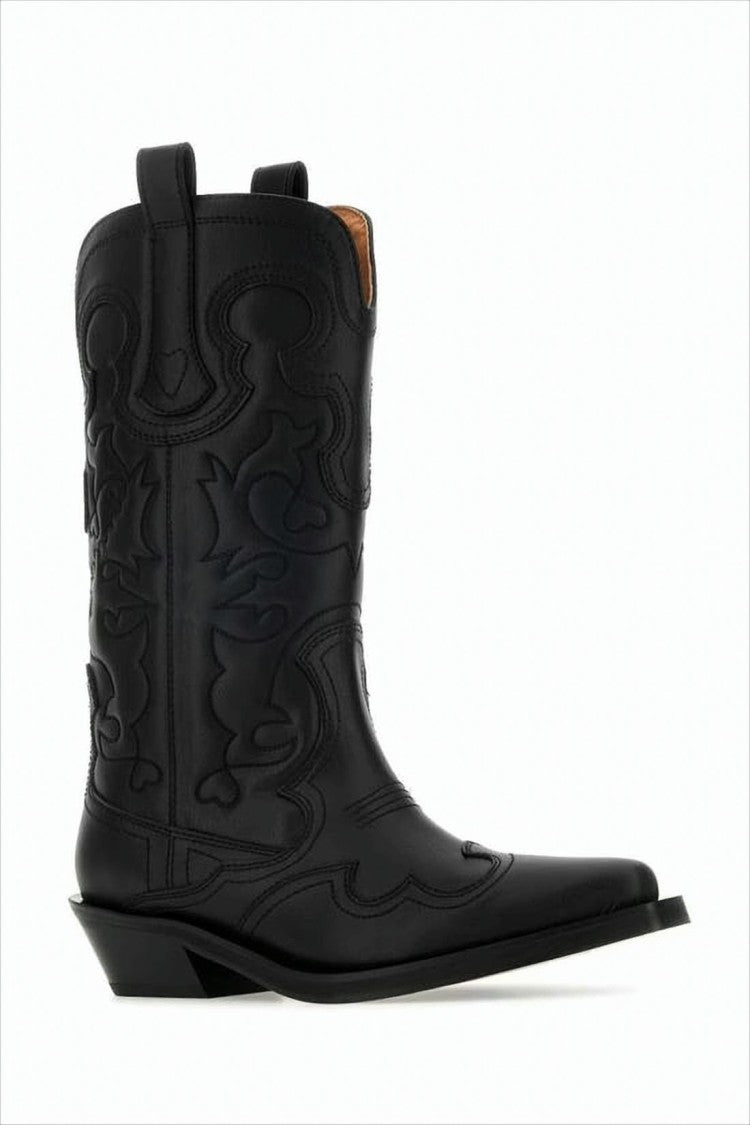 Mid-Calf Leather Boots with Tonal Embroidery and Angled Heel
