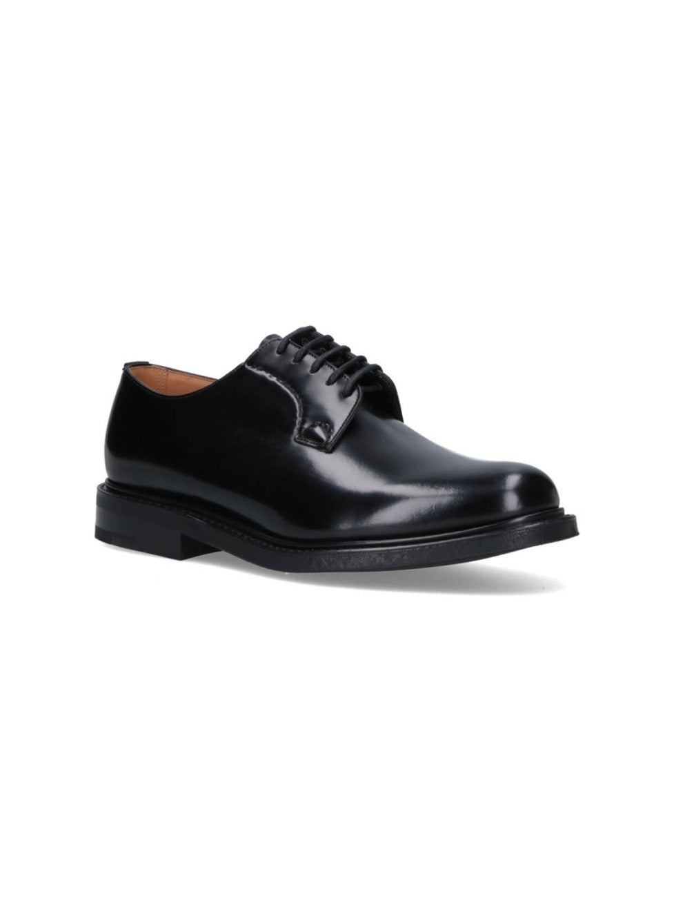 Polished Black Leather Derby Shoes With Rounded Toe