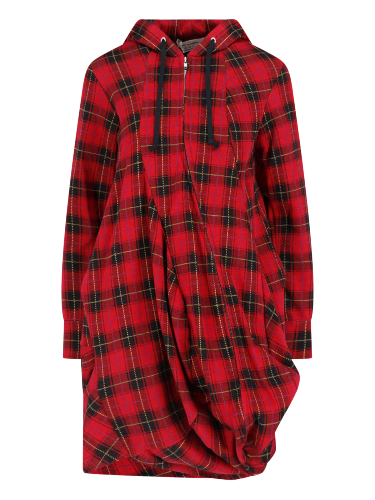 Red/Black Plaid Draped Hooded Dress