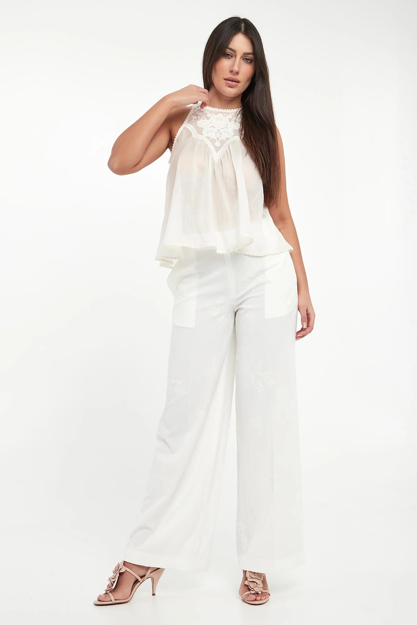 Sleeveless Flowing Top with Floral Lace Detailing