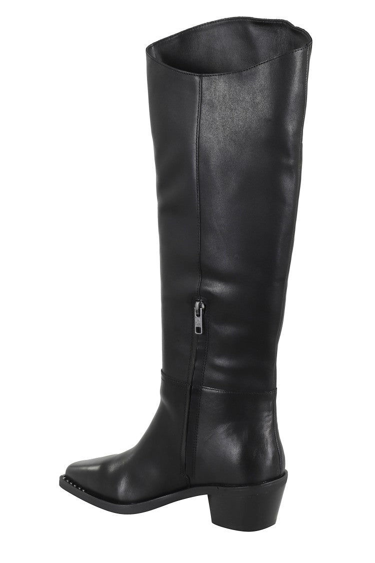 Mid-Calf Leather Boots with Pointed Toe