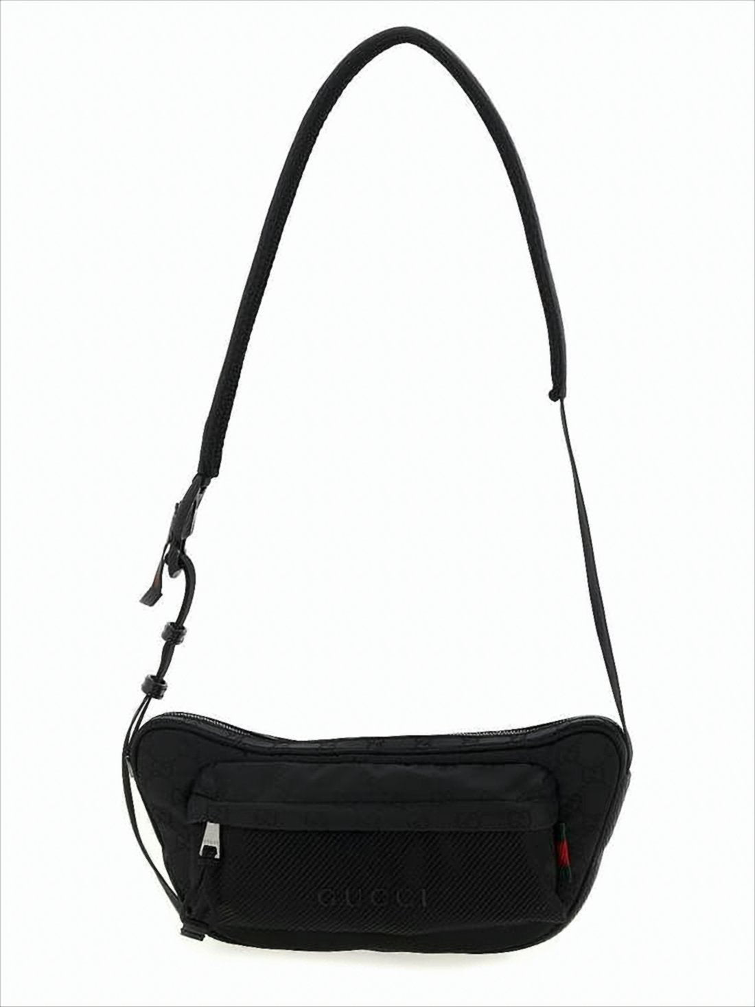 Black Nylon Shoulder Bag with Embossed Pattern