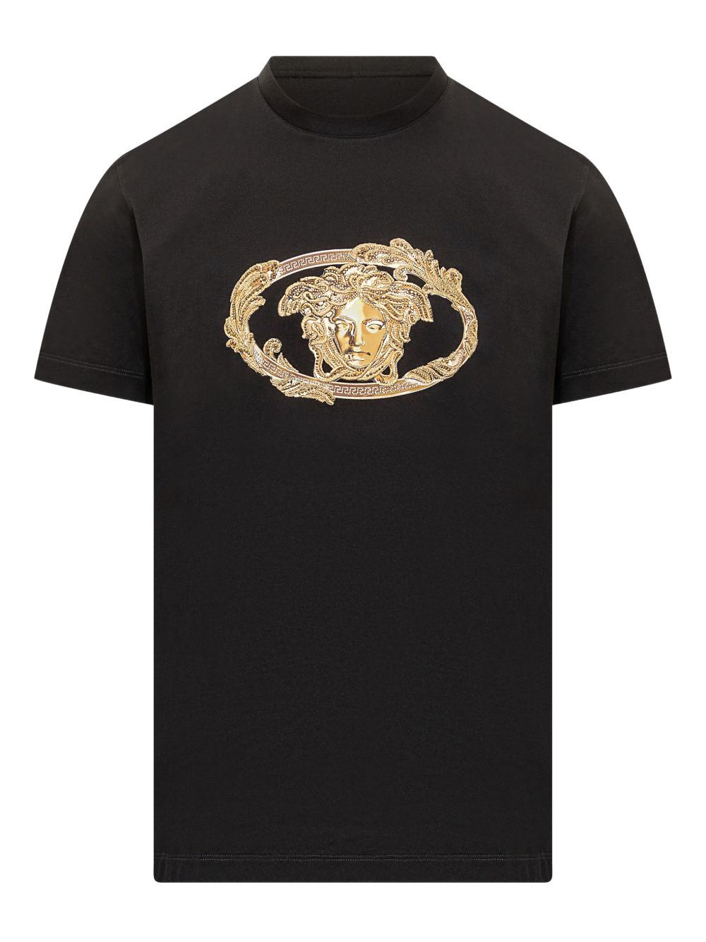 Black Cotton T-Shirt With Gold Medusa Logo