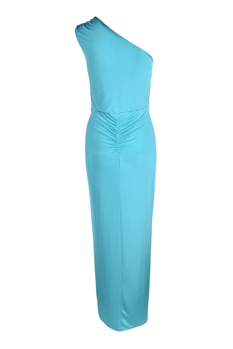 One-Shoulder Aqua Midi Dress