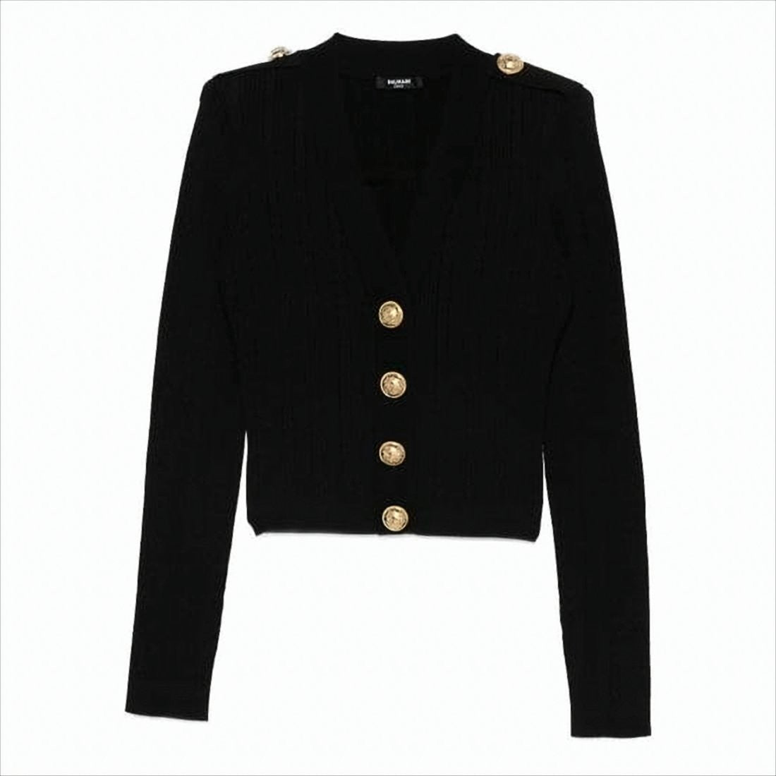 Fitted Ribbed Knit Cardigan with Structured Shoulders