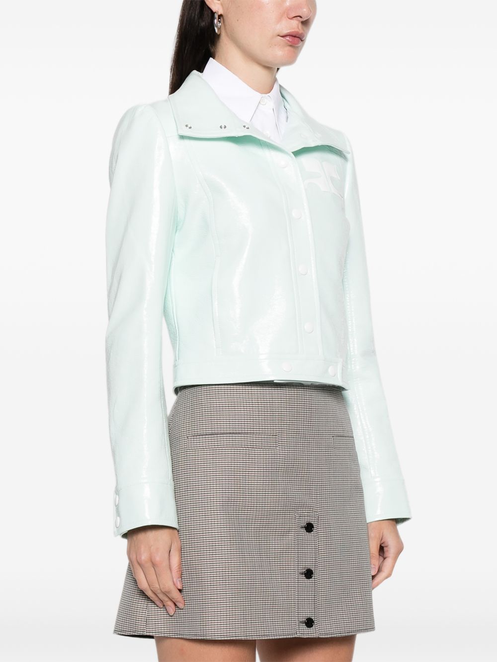 Cropped Jacket with Glossy Patent Finish and Structured Collar
