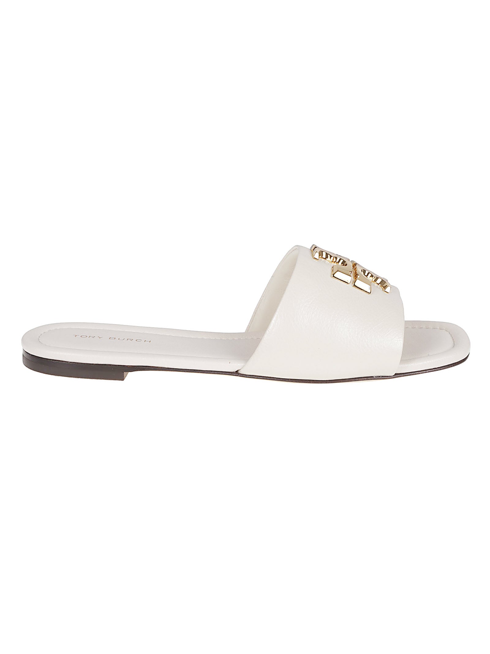 Leather Slide Sandals with Metallic T-Plate