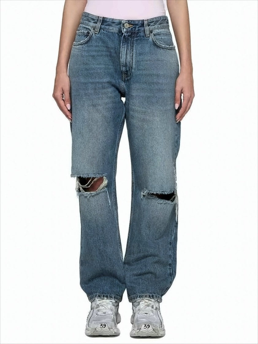 Distressed Denim Pants with Relaxed Fit and Classic Five-Pocket Design