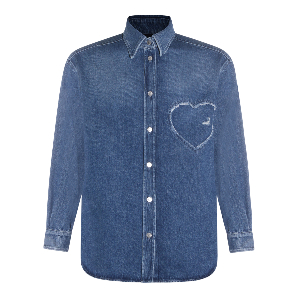 Frayed Heart-Patch Denim Shirt