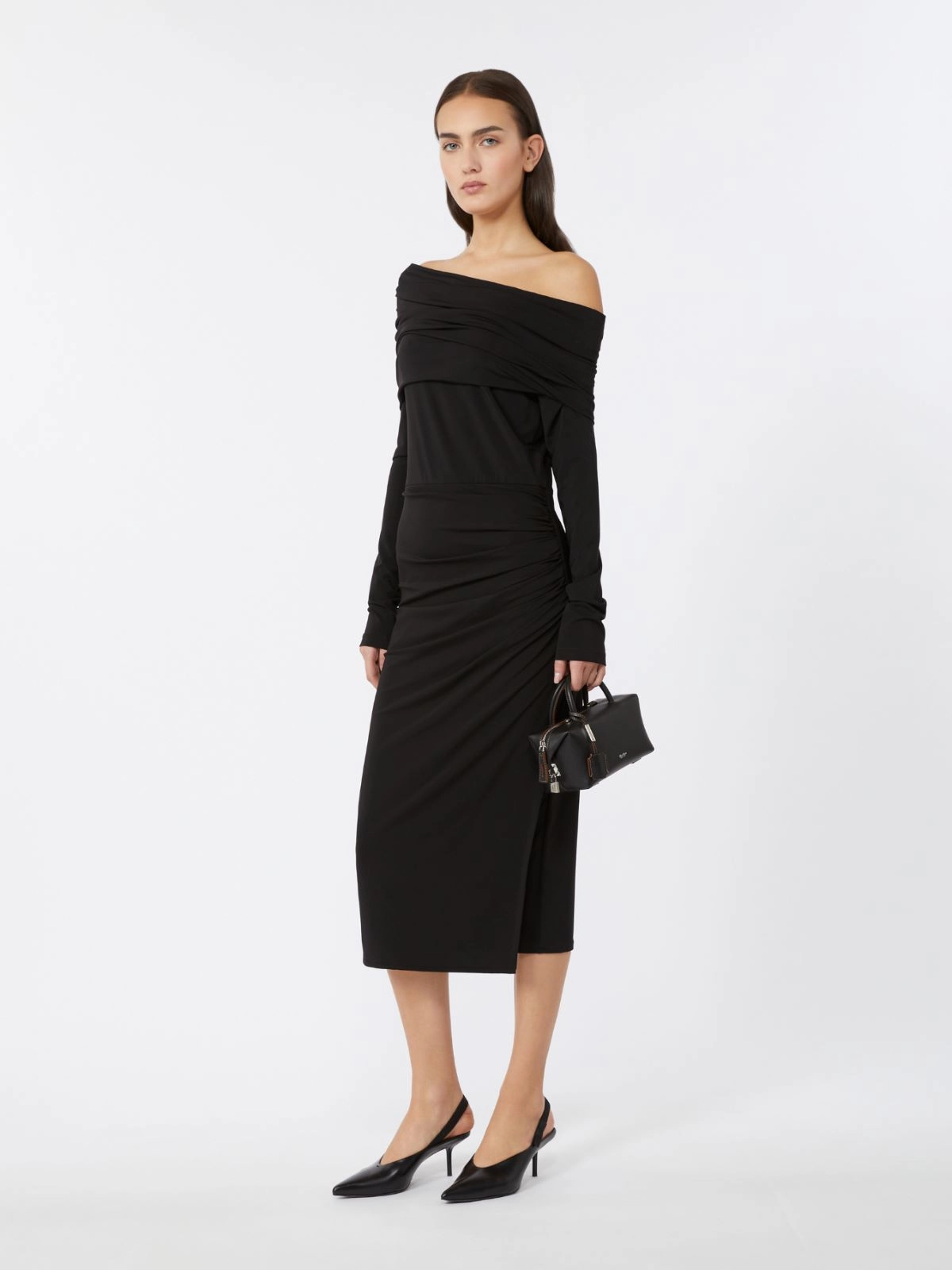 Fitted Off-The-Shoulder Midi Dress With Subtle Ruching