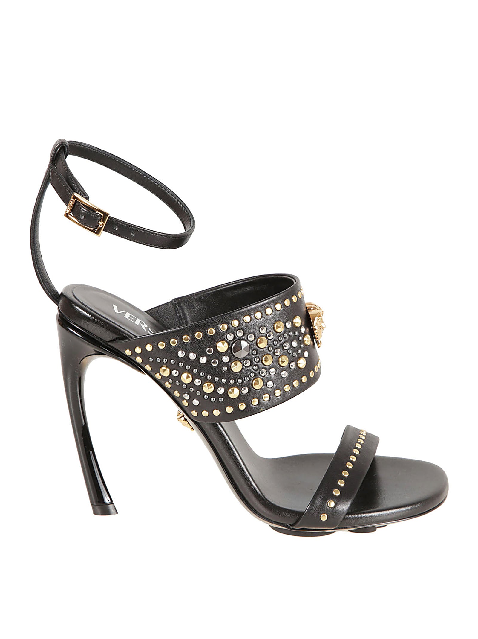 Black Leather Sandals With Curved Stiletto Heel
