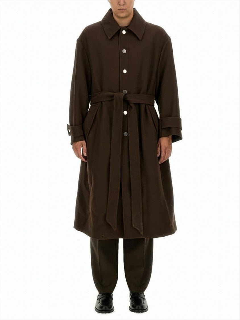 Structured Long Coat With Classic Collar And Belted Waist