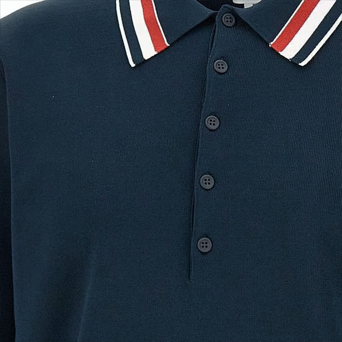 Navy Polo Shirt with Striped Collar and Side Button Details