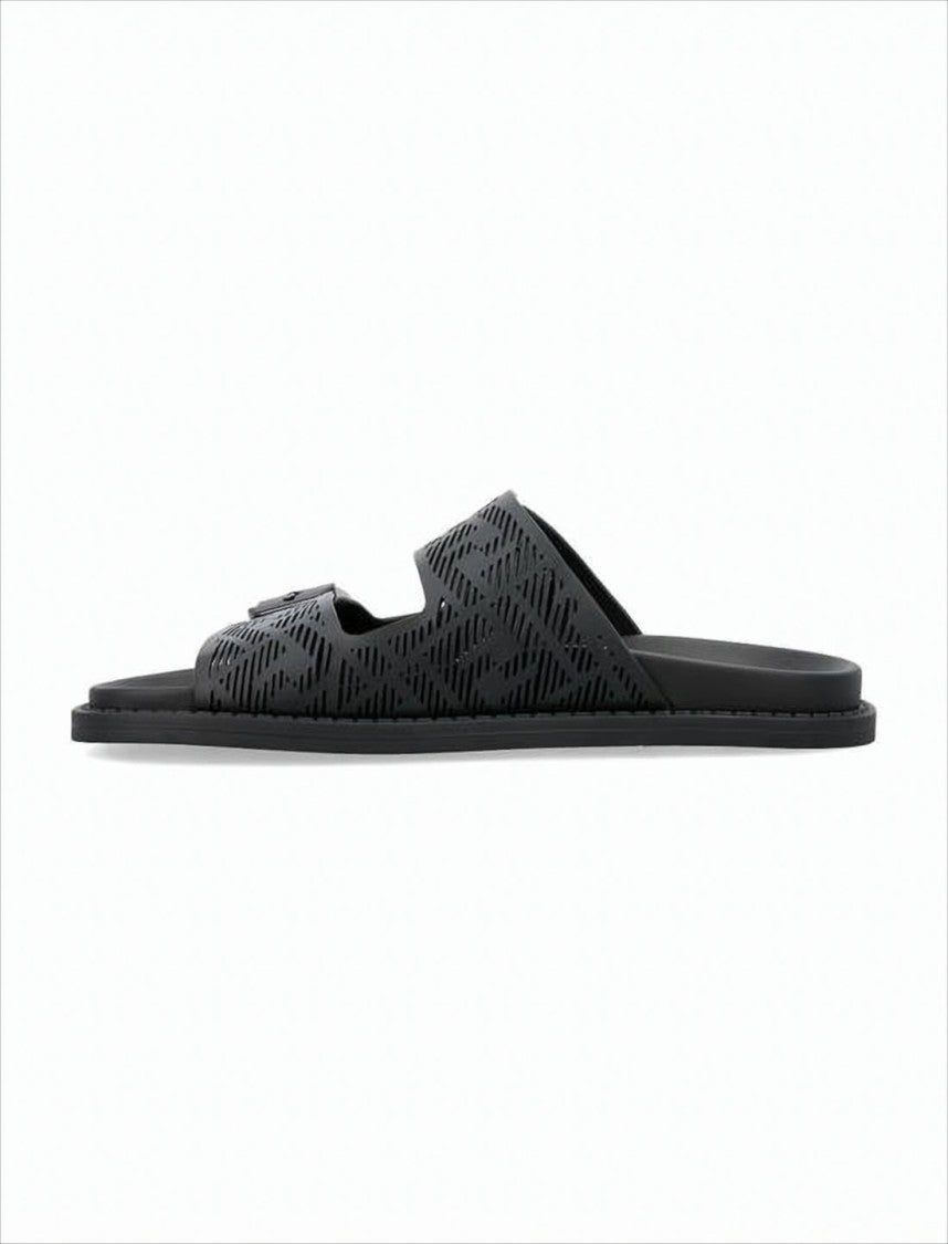 Perforated Black Leather Slide Sandals with Adjustable Straps