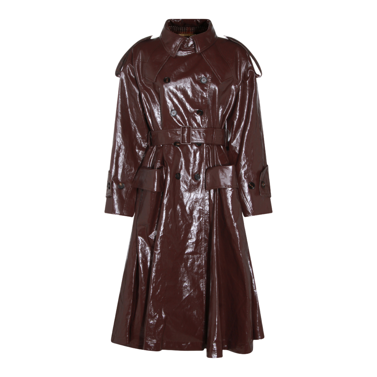 Glossy Dark Brown Double-Breasted Belted Trench Coat