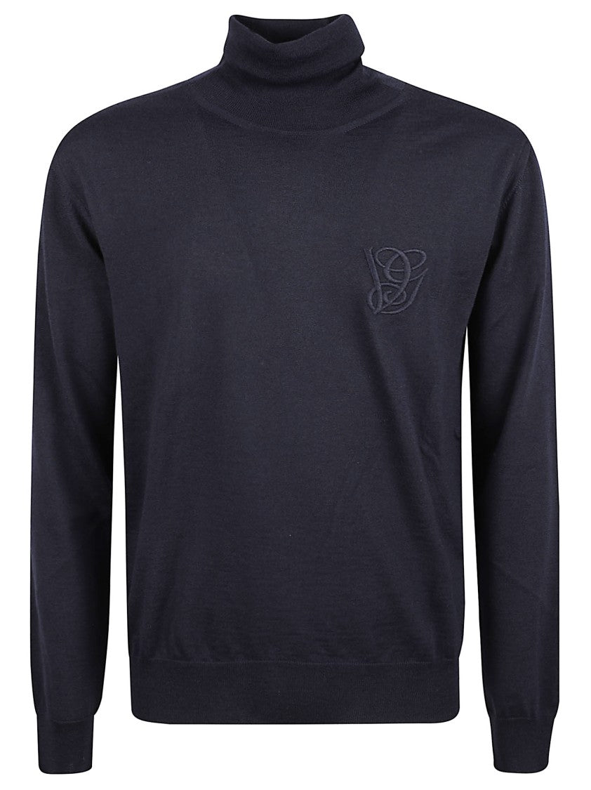 Dark Blue Turtleneck Sweater With Embroidered Logo