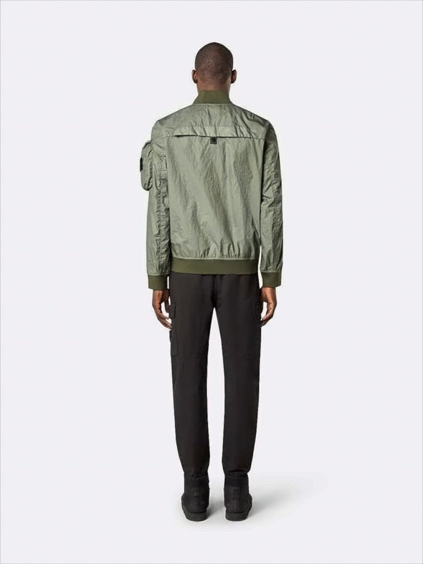 Lightweight Crinkled Texture Bomber Jacket with Flap Pockets