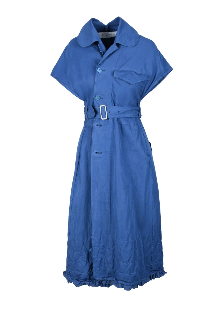 Belted Button-Up Dress-Gilet with Ruffled Hemline