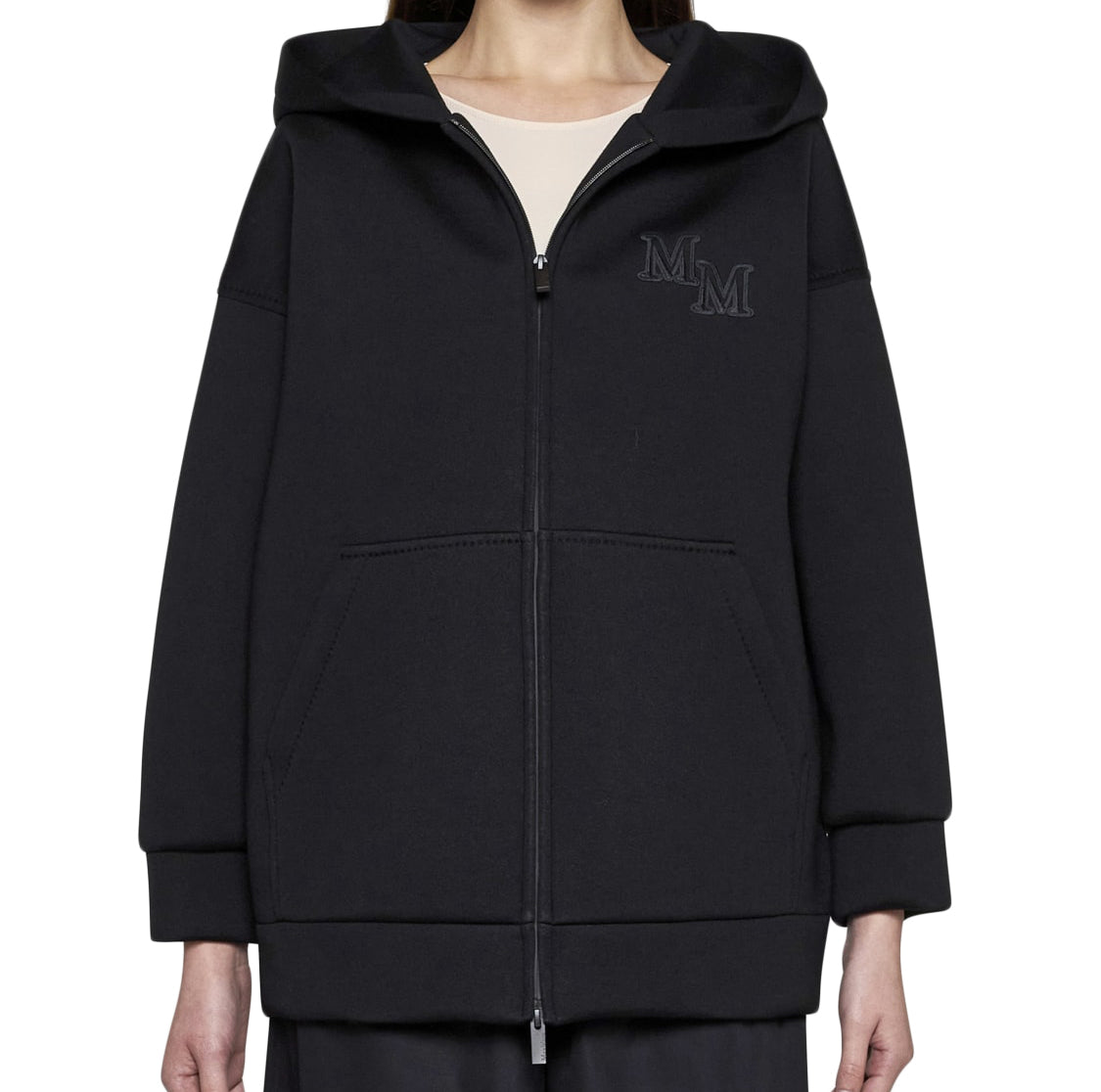 Hooded Black Wool Sweatshirt with Embroidered Initials