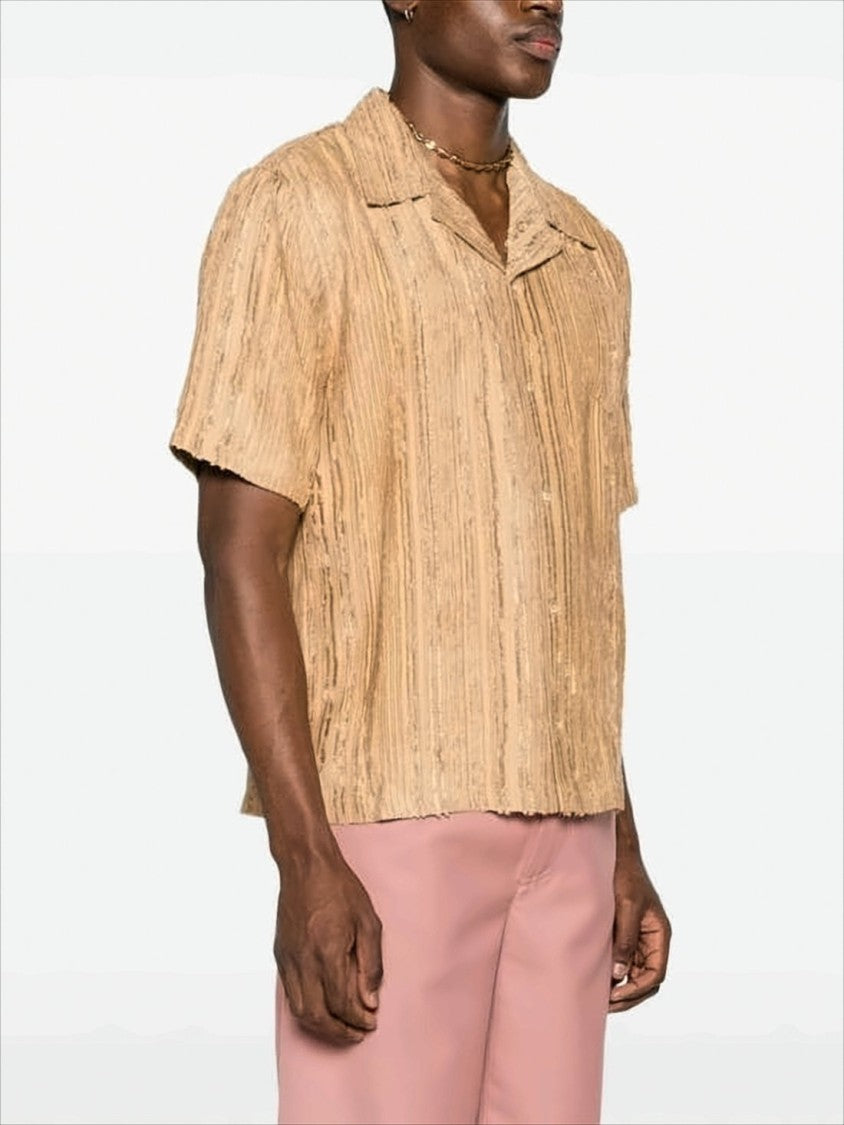 Camp Collar Short-Sleeved Shirt with Textured Vertical Stripes