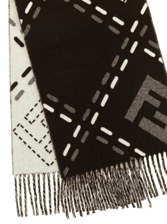 Black Wool Scarf With Stitched Pattern And Fringed Edges