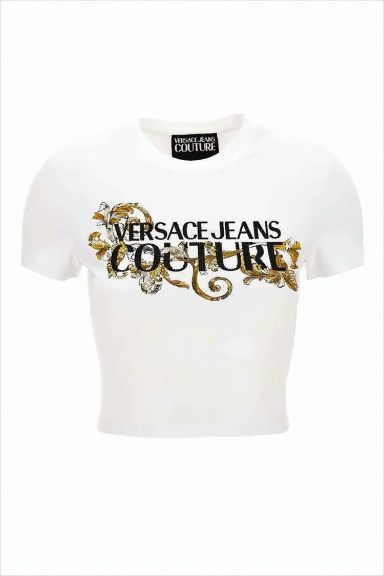 Cropped Fitted T-Shirt with Baroque Print