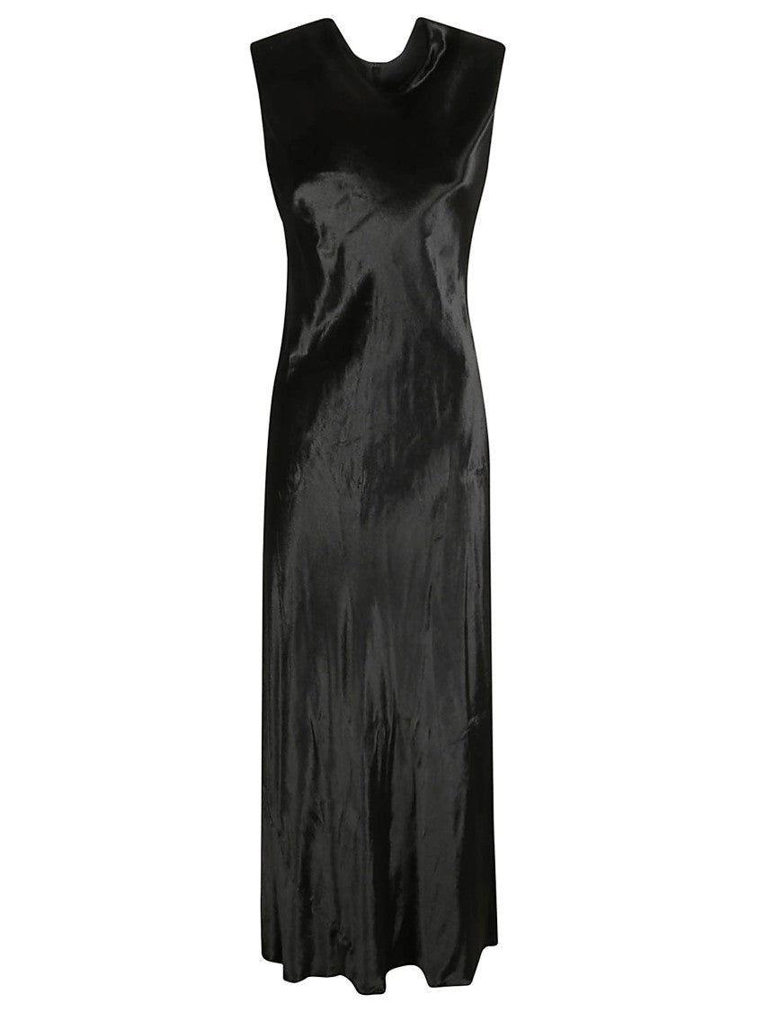 Shiny Velvet Midi Dress With Flared Skirt And High Neckline
