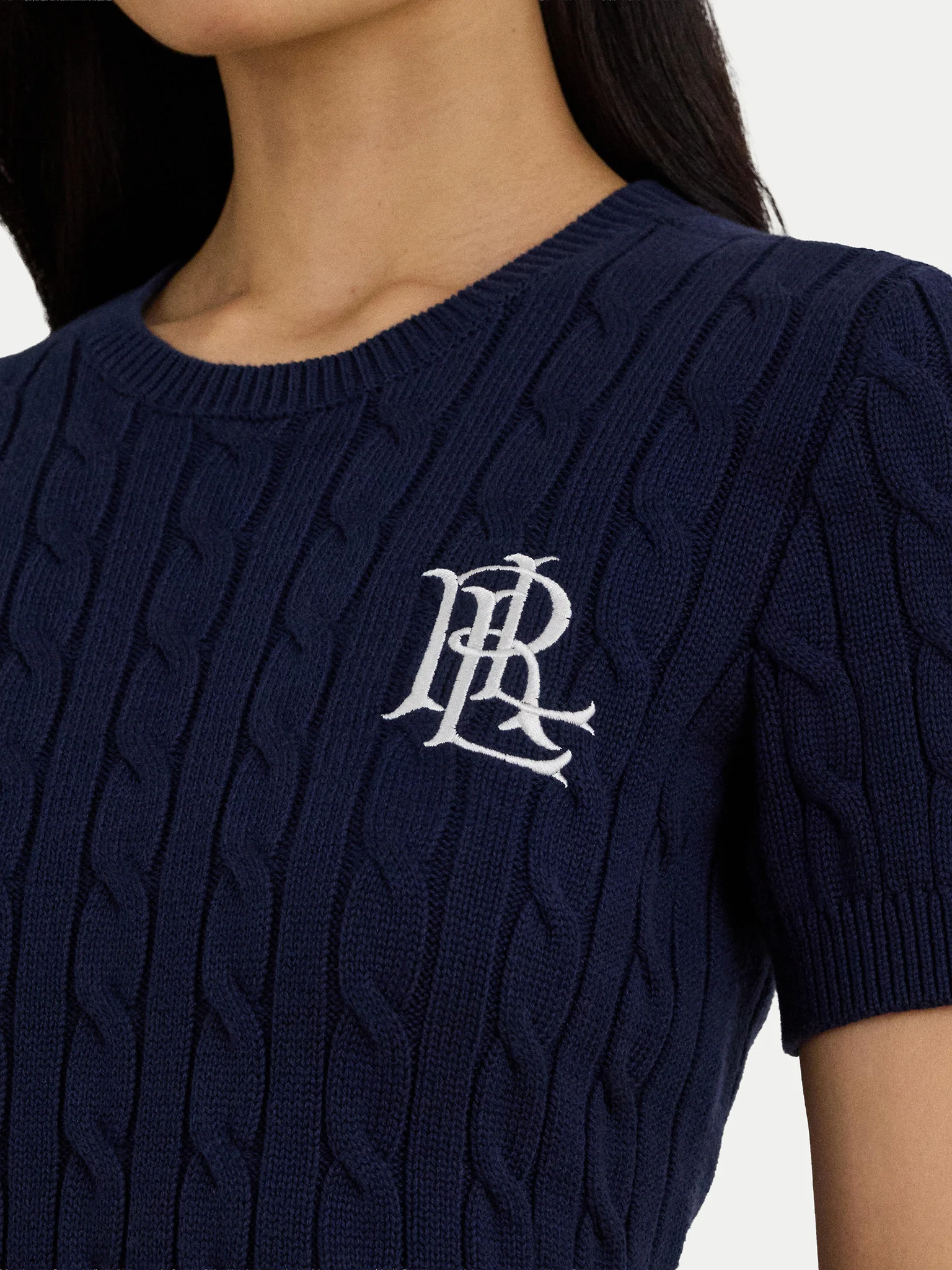 Navy Blue Eyelah Linen Pullover Knit Top