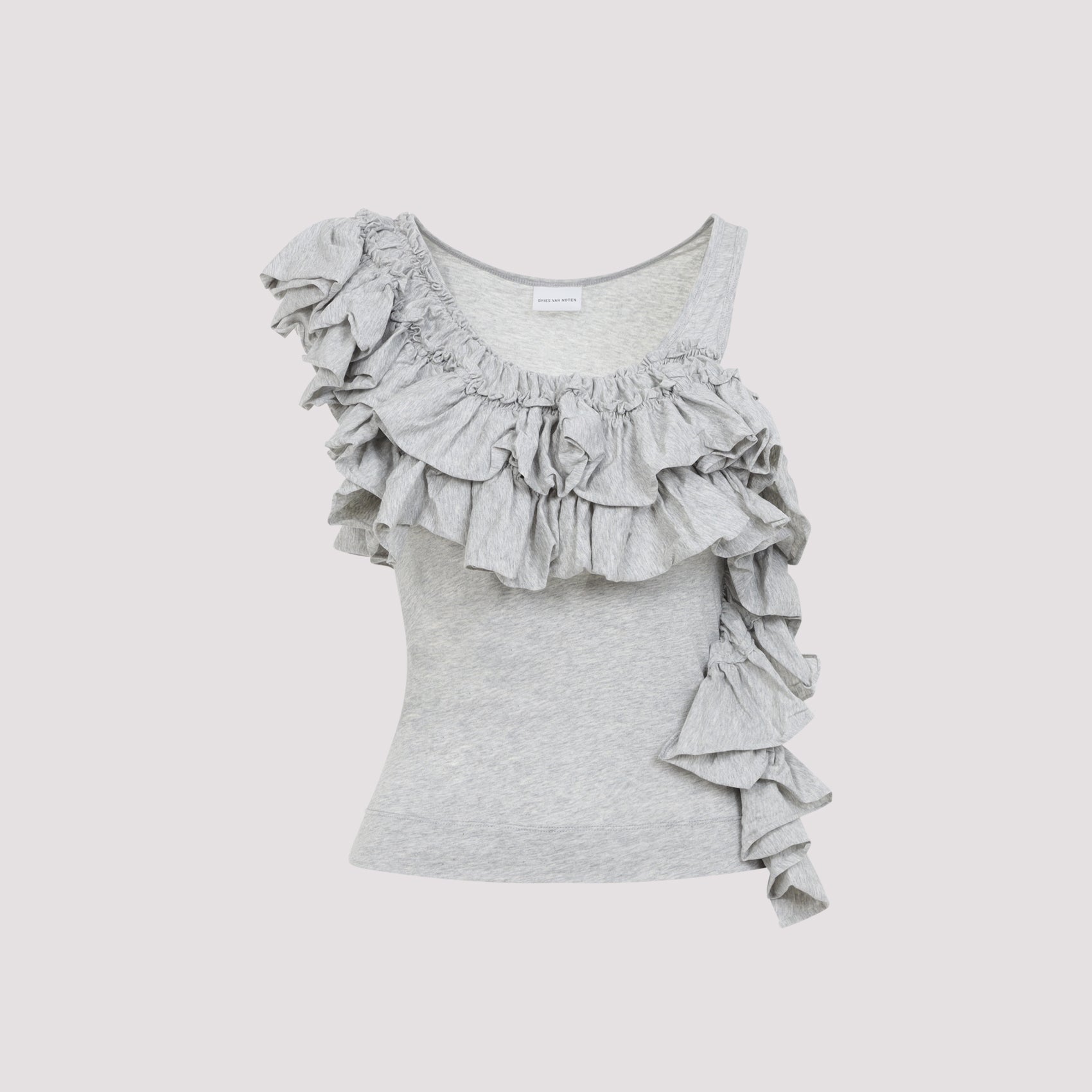Fitted Grey Top with Asymmetrical Ruffles