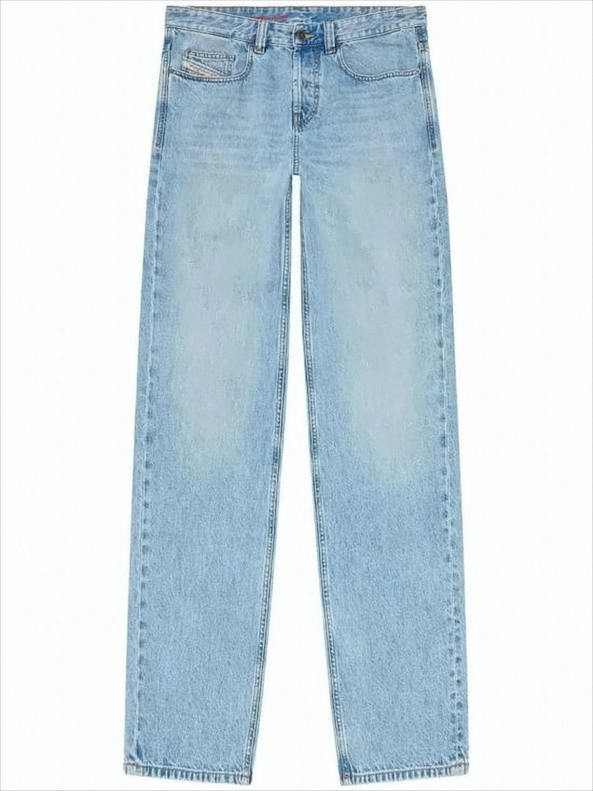 Straight-Leg Light Blue Denim Pants with Five-Pocket Design