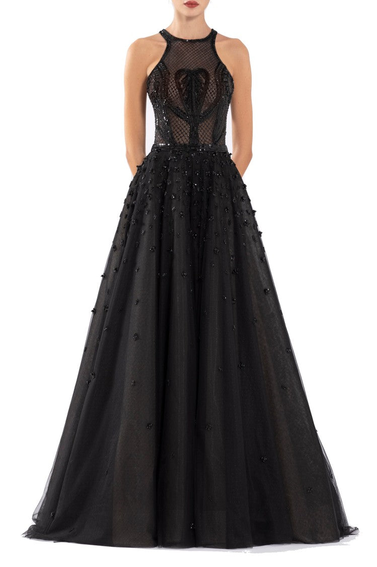 Tulle Beaded Dress With Halter Neckline