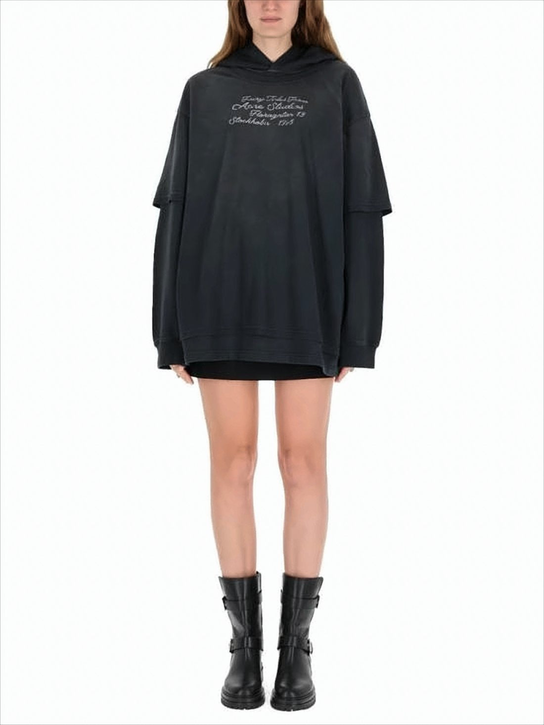 Layered Sleeve Black Oversized Hoodie