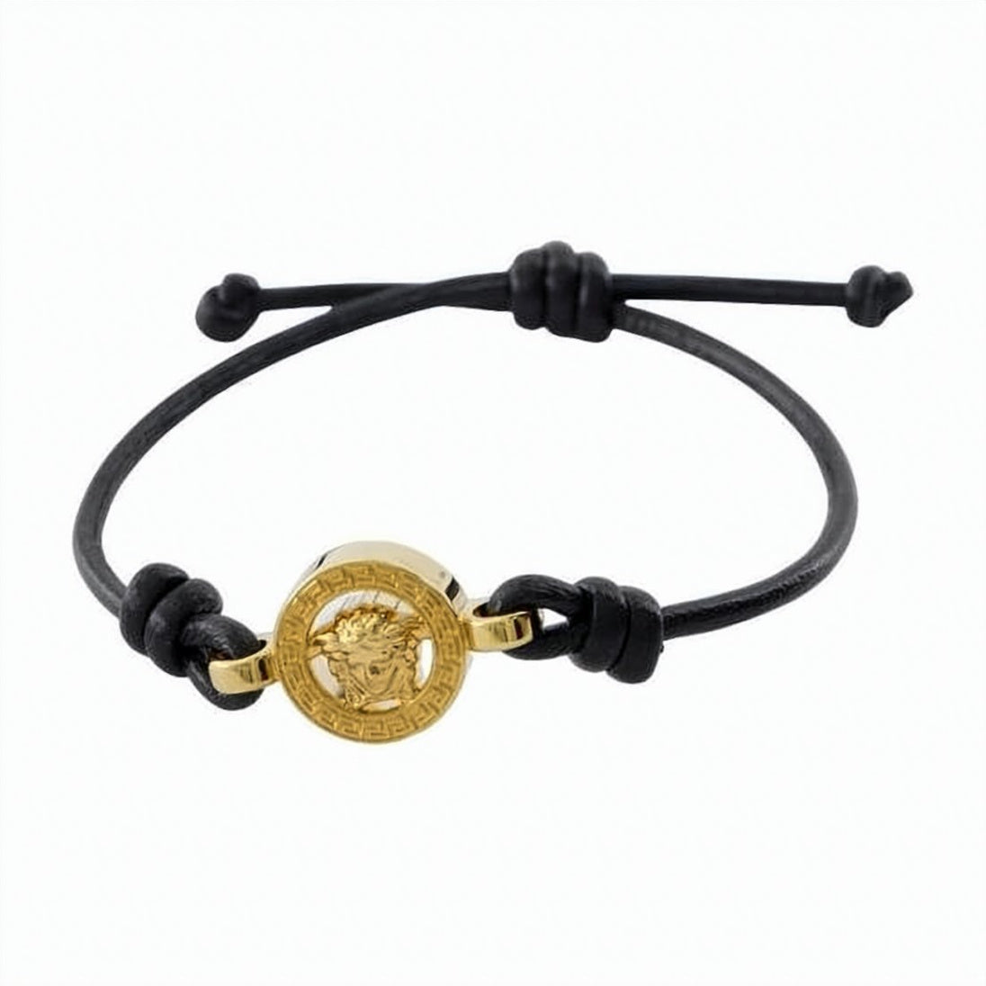Medusa-Embellished Black Leather Bracelet