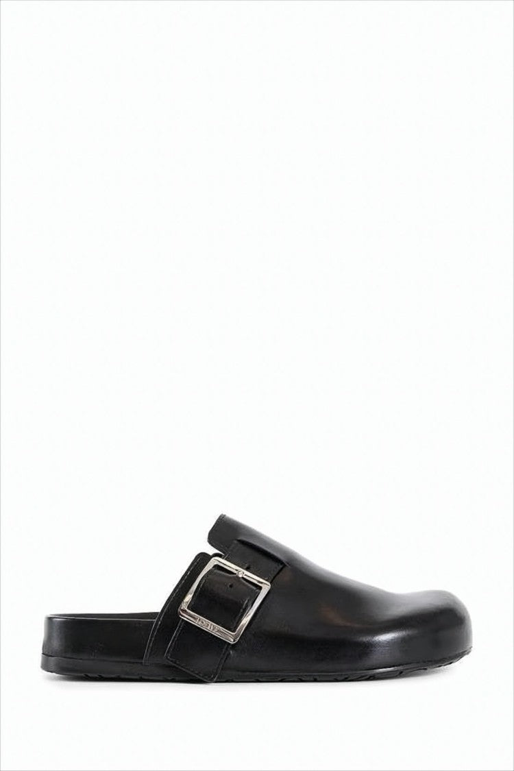 Black Calf Leather Mule with Silver Buckle Detail